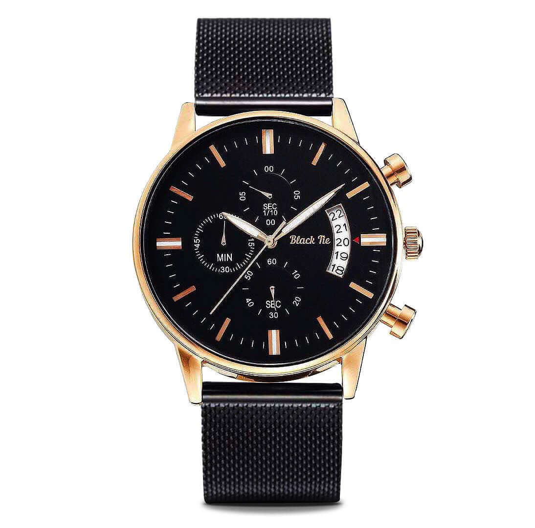 Modern Black Gold Steel mesh mens watch chronograph mens watch