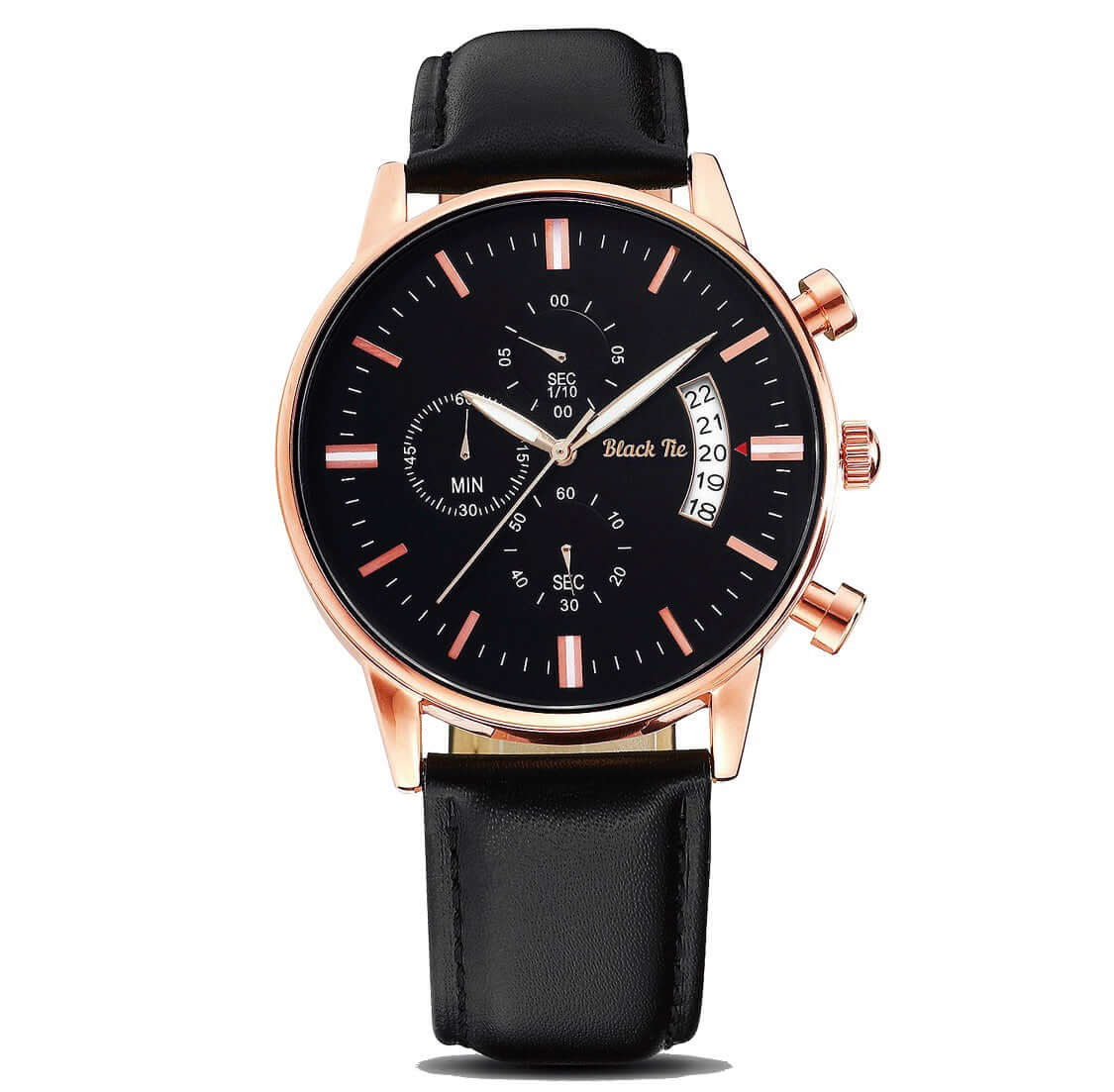 Alloy Watch, 40mm, Men's Quartz Chrono | Black Dial | Leather Strap | Water-Resistant | Rose Gold Case | Black Tie Watch | Apollo Alloy Watch, 40mm, Men's Quartz Chrono | Black Dial | Leather Strap | Water-Resistant | Rose Gold Case | Black Tie Watch | Apollo