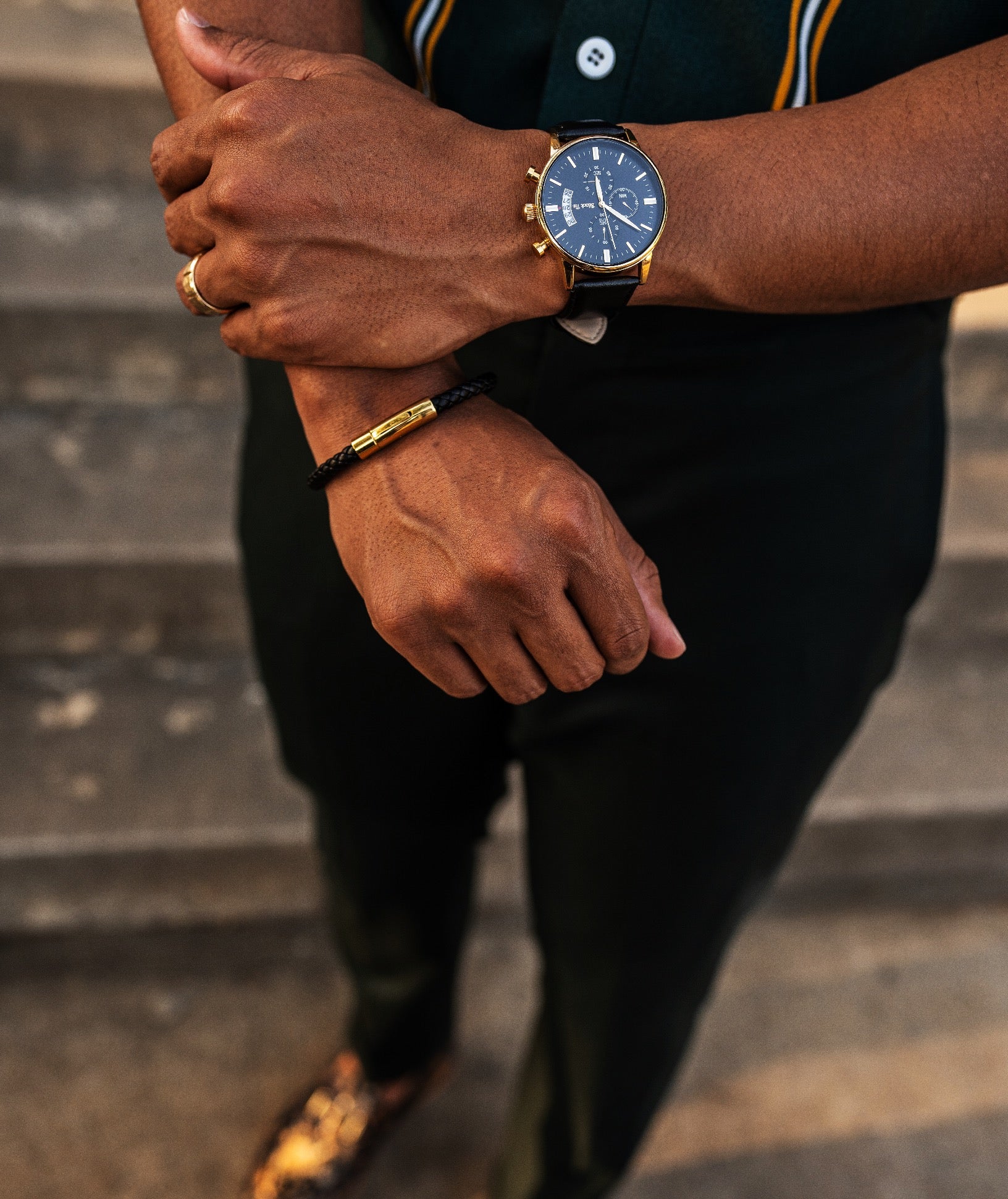 Mens leather bracelet gold clasp