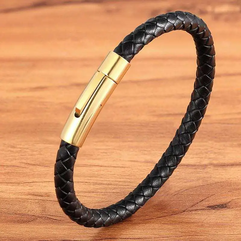 Black leather mens bracelet gold