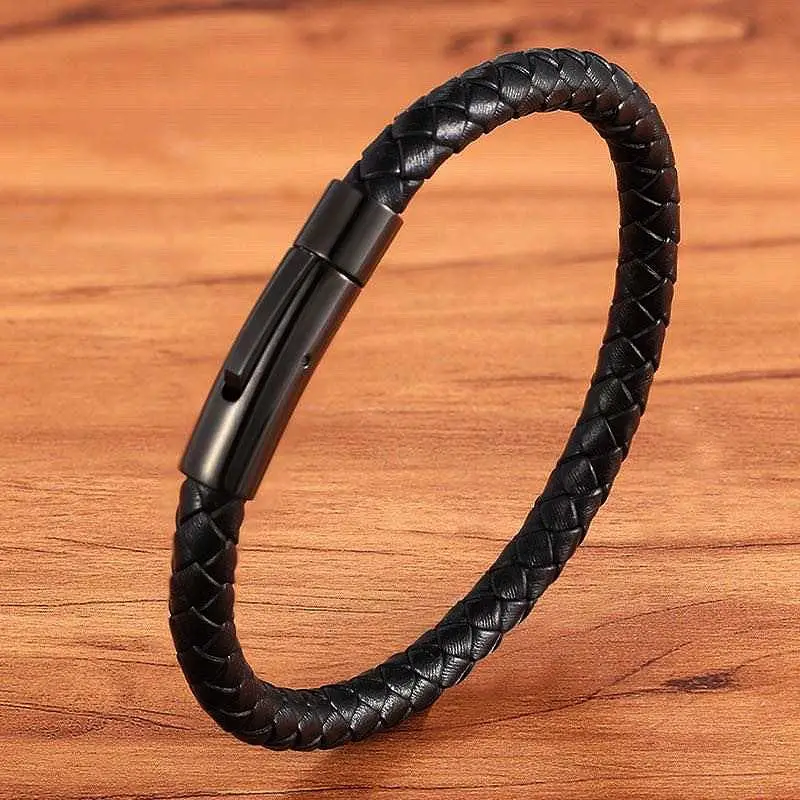 Black leather mens bracelet unisex black leather bracelet