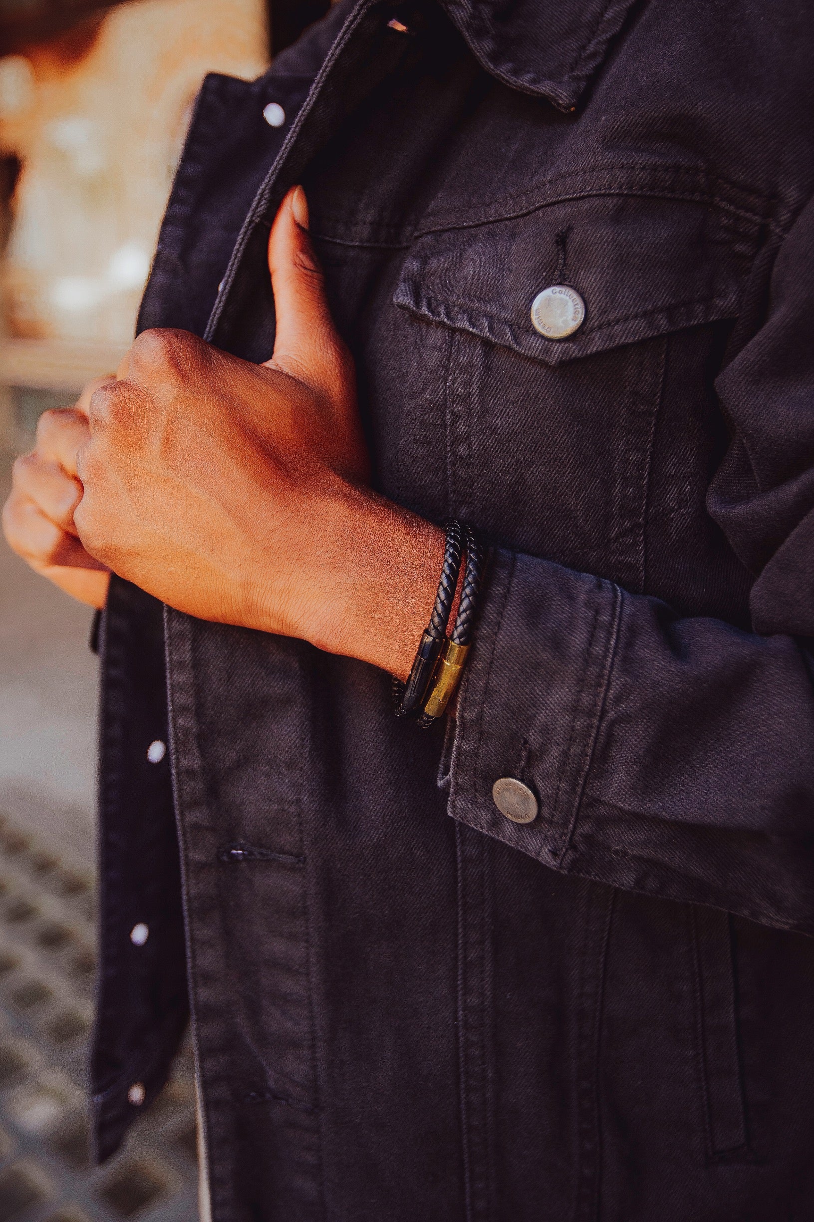 Minimalist leather mens bracelets black gold