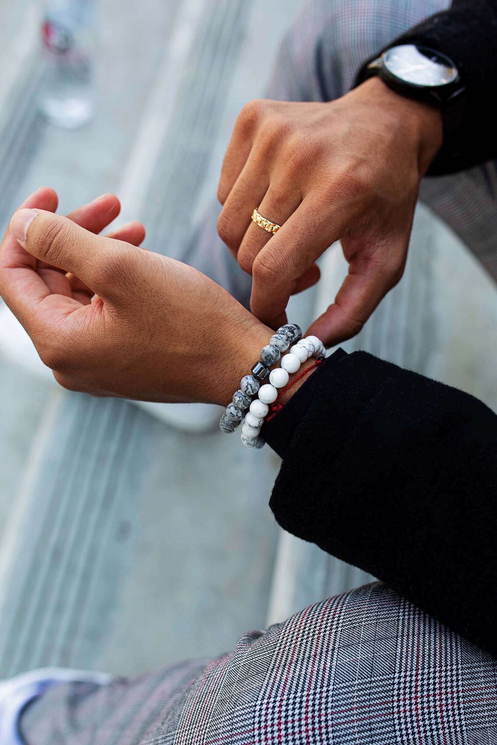 Grey mens modern beaded bracelet