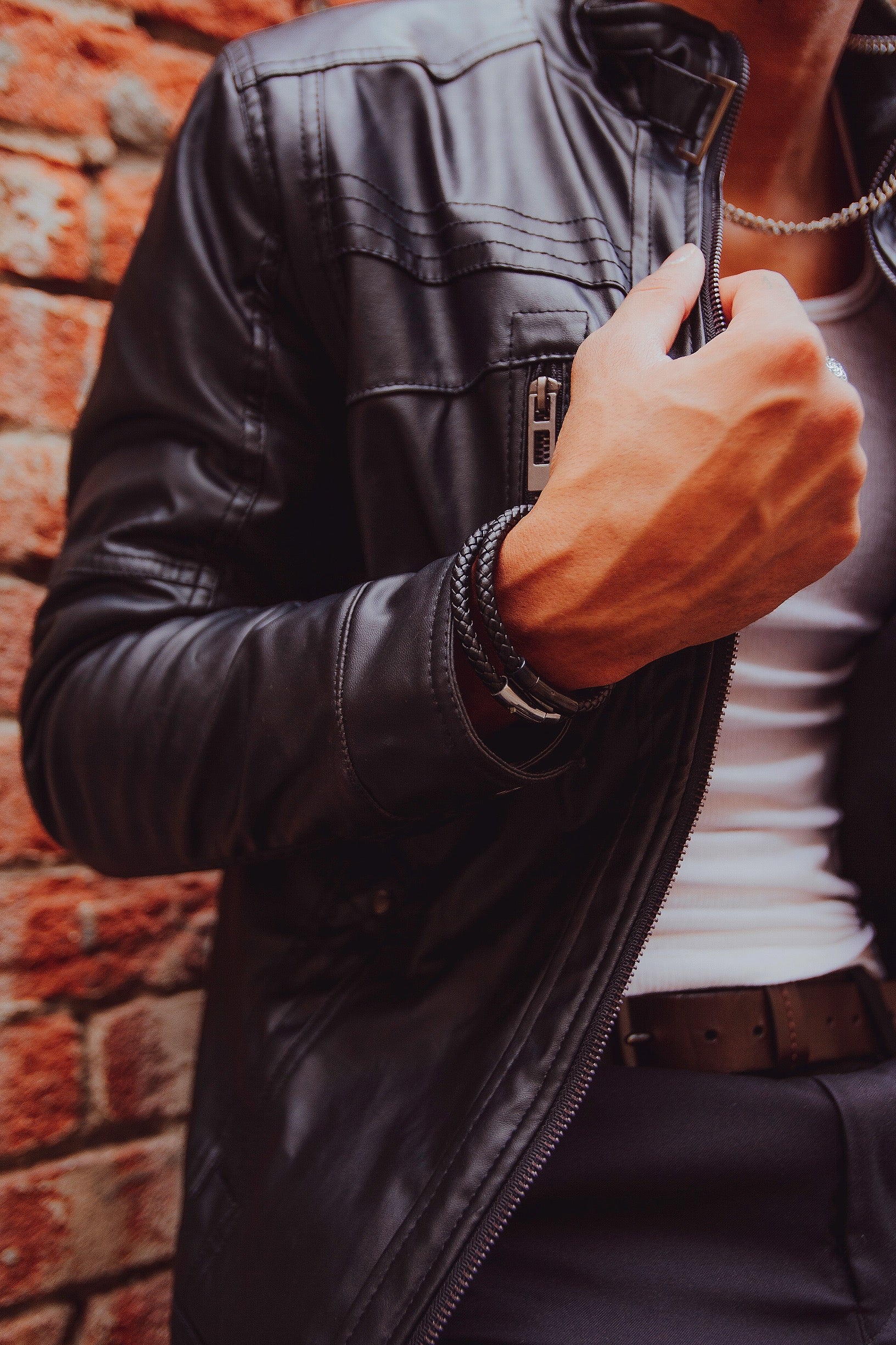 Minimalist black leather mens bracelet