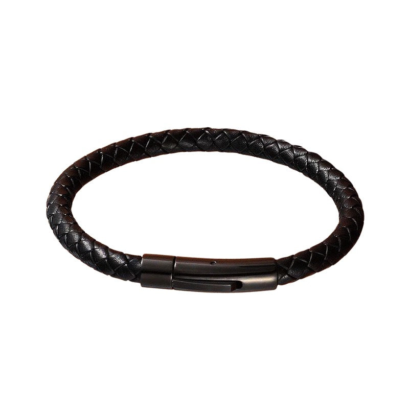 Black leather minimalist mens bracelet